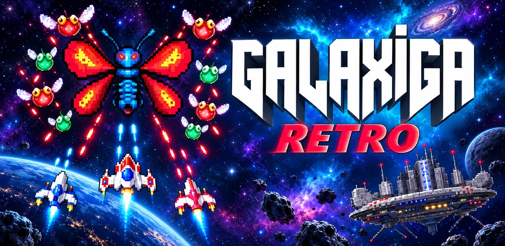 Ilustración promocional de Galaxiga con naves espaciales y enemigos alienígenas.